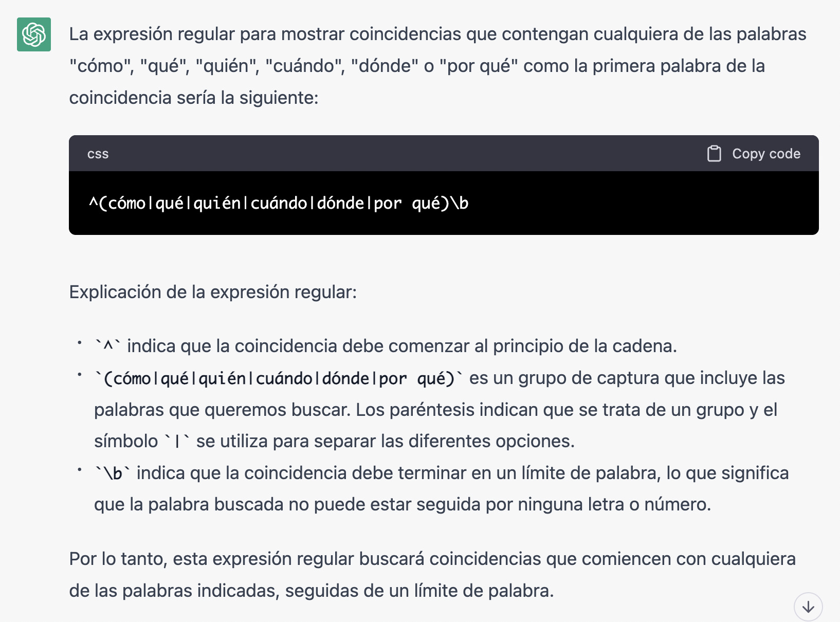 Consulta para que ChatGPT cree una expresión regular