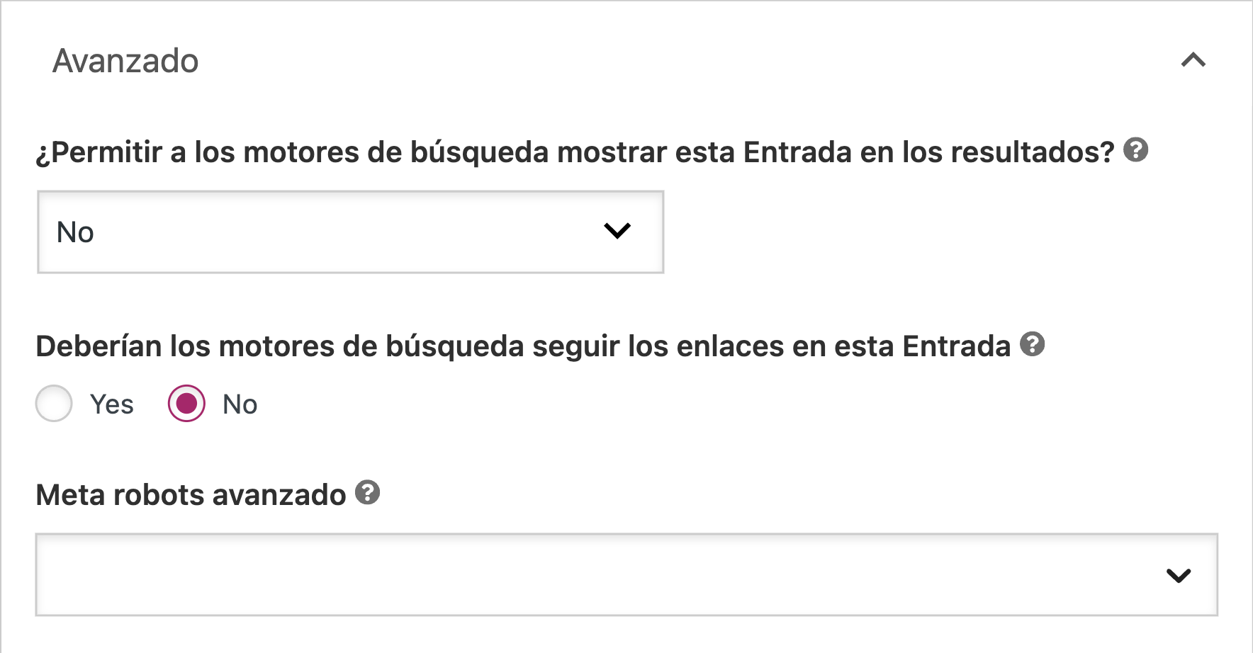 Sección "Avanzado" de Yoast SEO en WordPress.