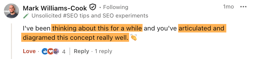 Un comentario de Mark Williams-Cook en LinkedIn sobre el artículo "LLM's Don't Reward Originality, They Flatten It" expresando que había estado pensando en el tema durante un tiempo y que le gustó la articulación del artículo.