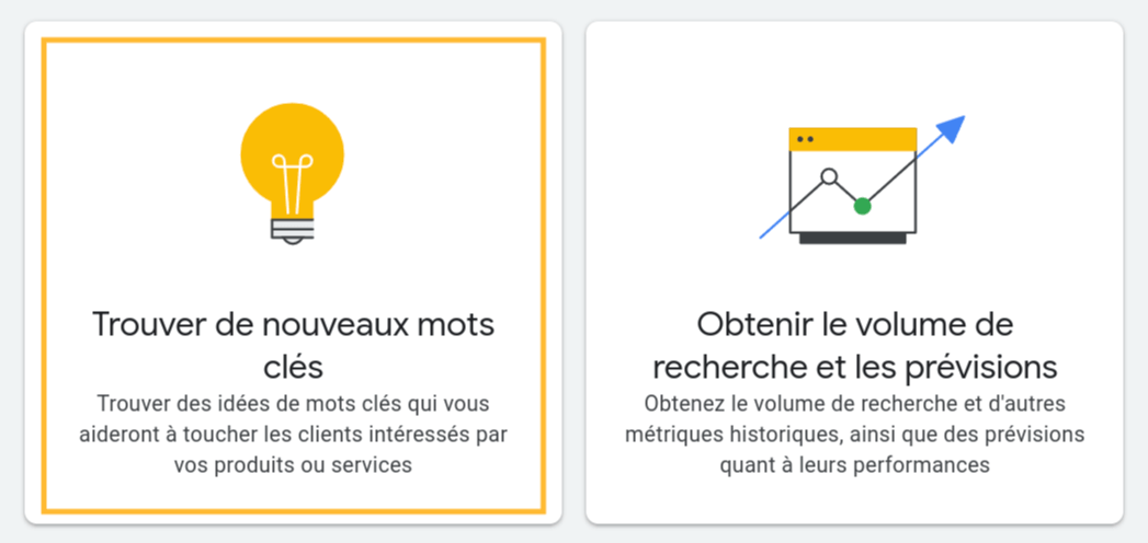 Interface de Google Keyword Planner montrant l'option 'Trouver de nouveaux mots clés'