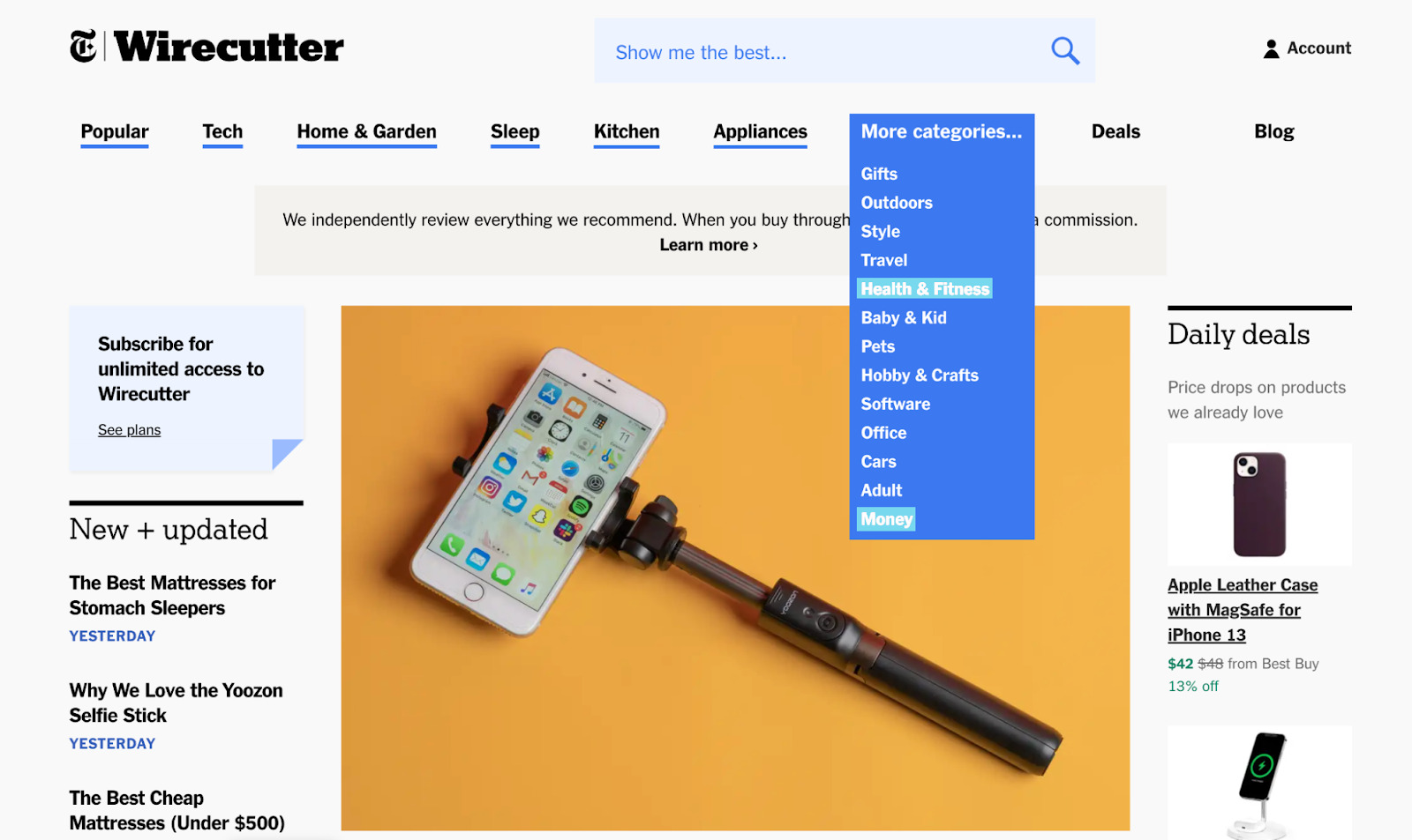 Drop-down list showing Wirecutter's categories