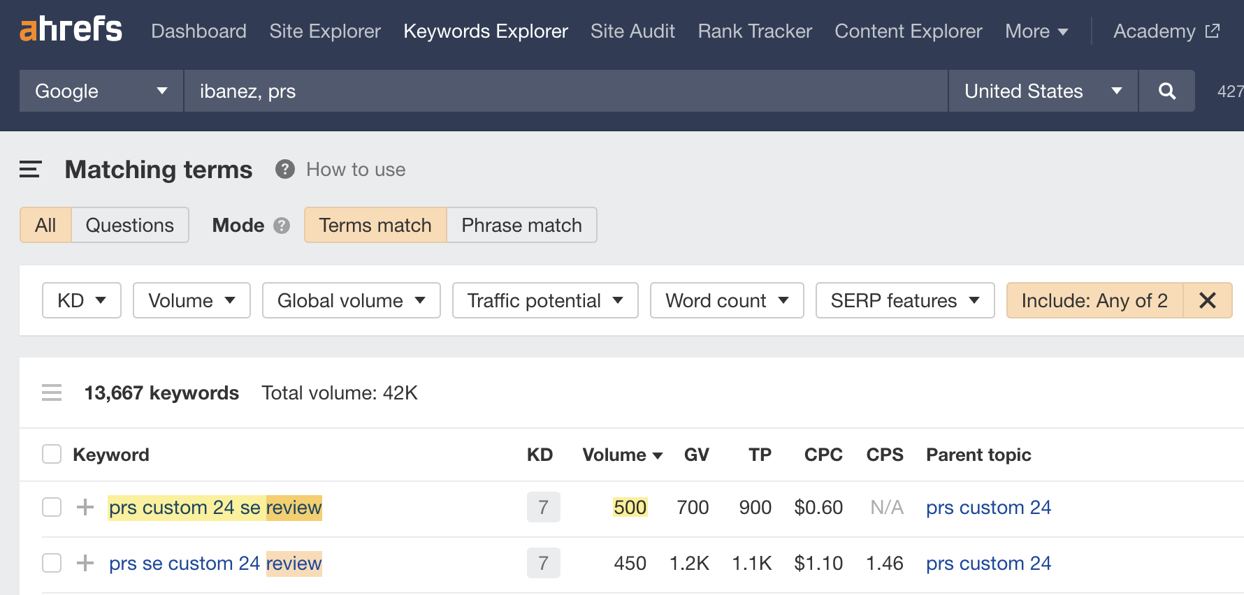Finding review and "vs" keywords in Keywords Explorer