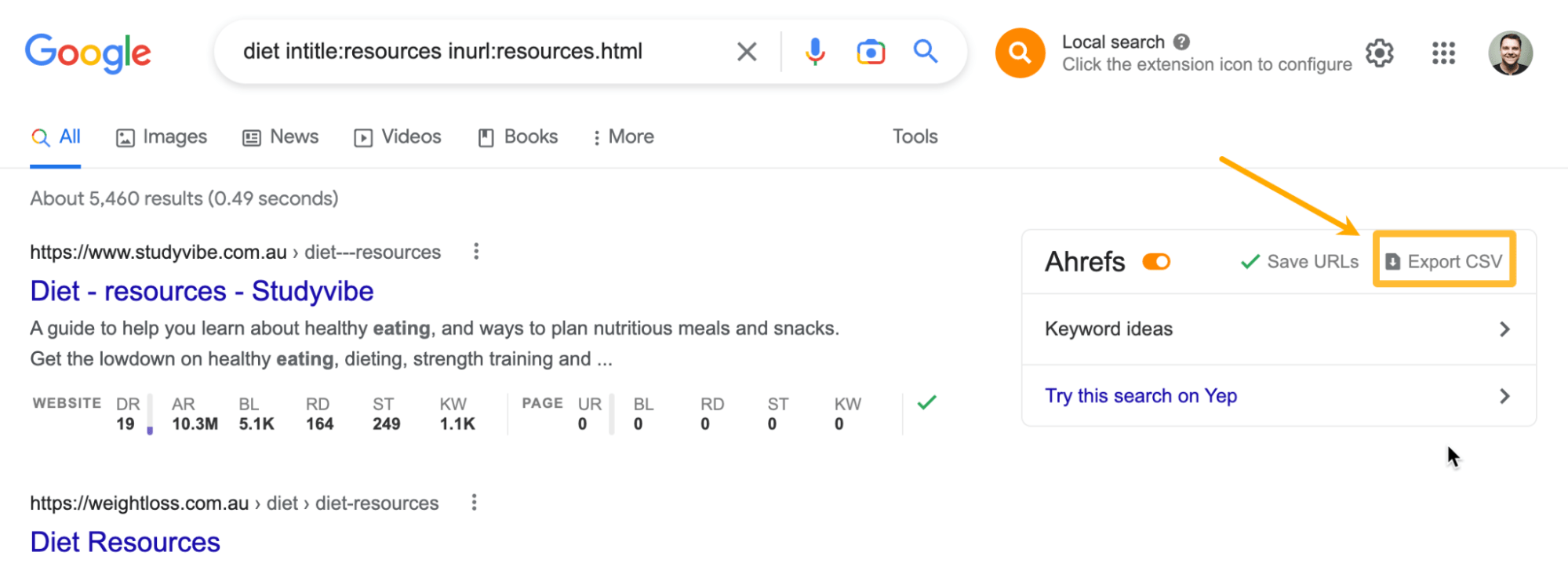 Click "Export CSV" to export the search results