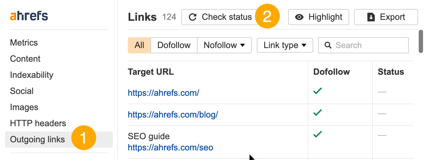 Checking for broken links using Ahrefs' SEO Toolbar