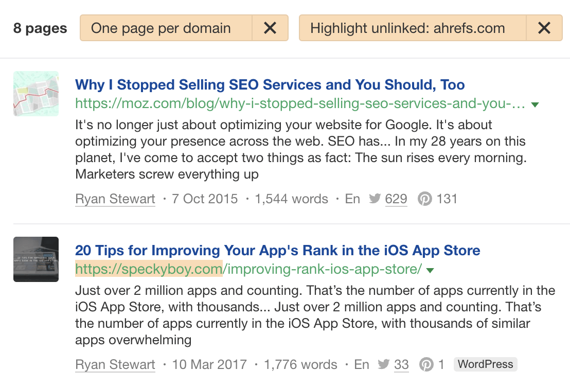 Filtering for one page per domain and highlighting domains that haven't linked to us in Ahrefs' Content Explorer