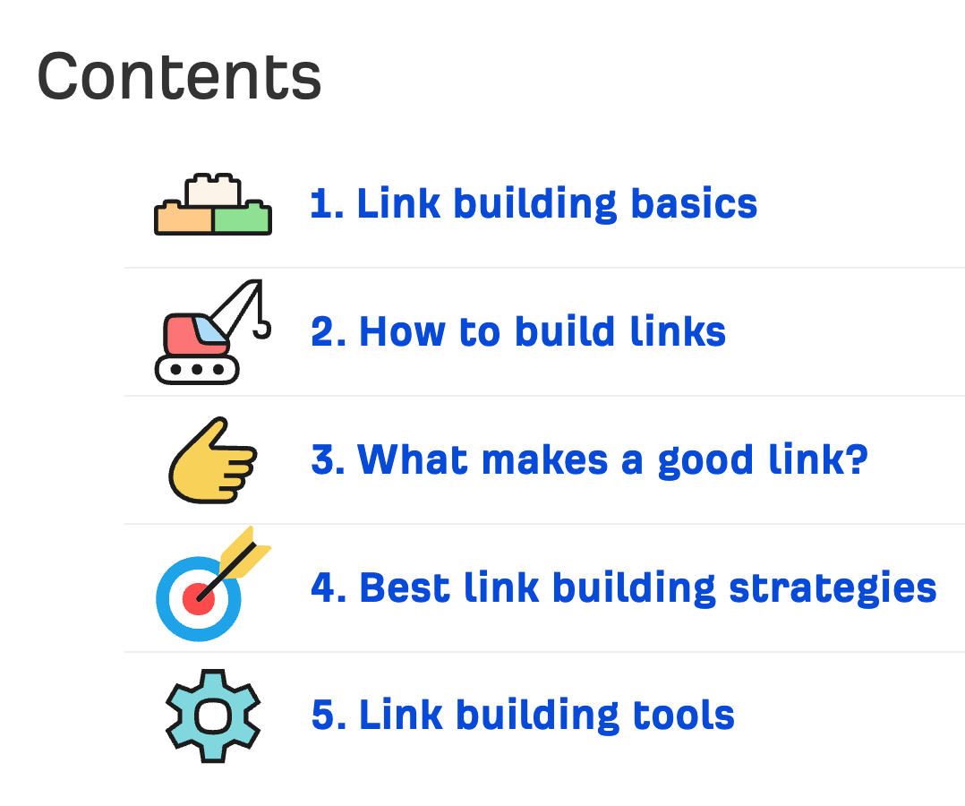 Table of contents for our link building guide