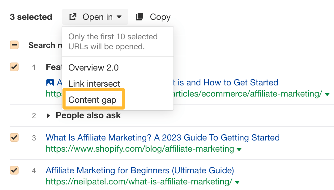 Open in Content gap, via Ahrefs' Keywords Explorer