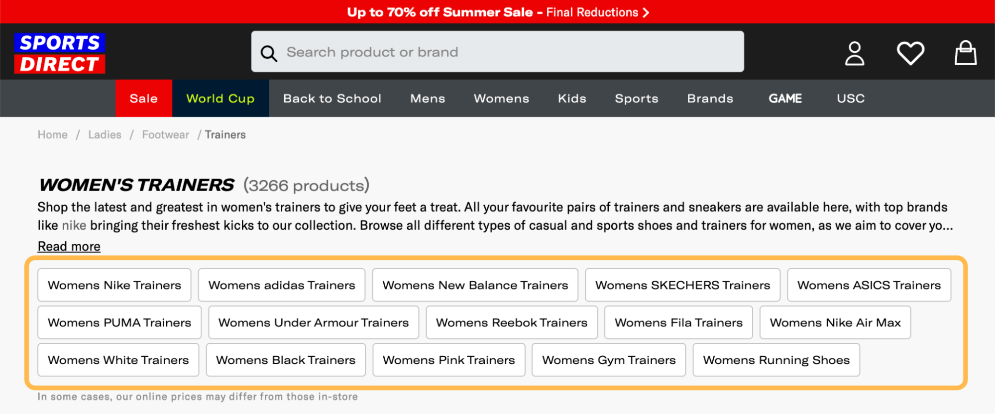 Subcategories highlighted near the top of the category page, via Sports Direct