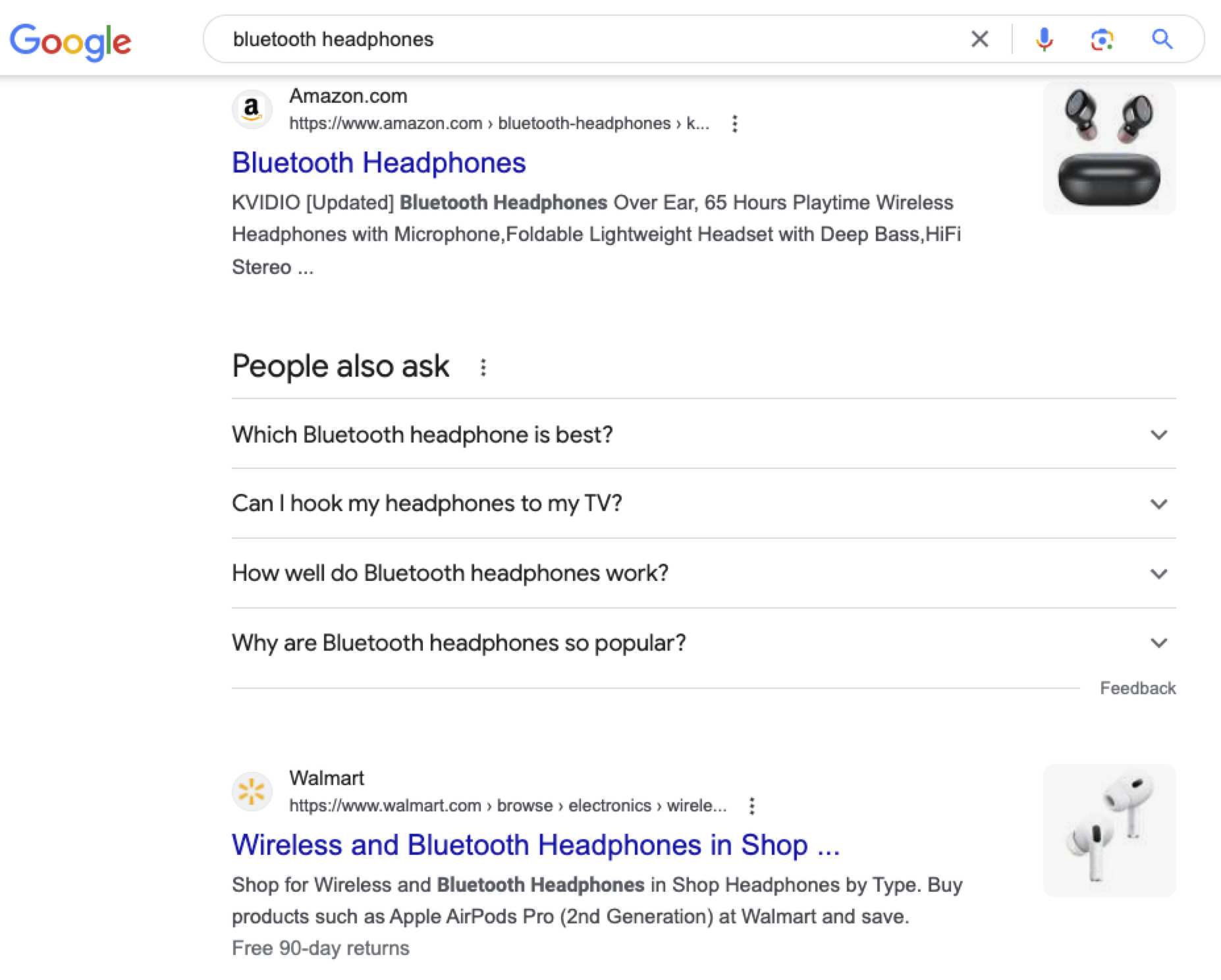 Google SERP for "bluetooth headphones," via google.com