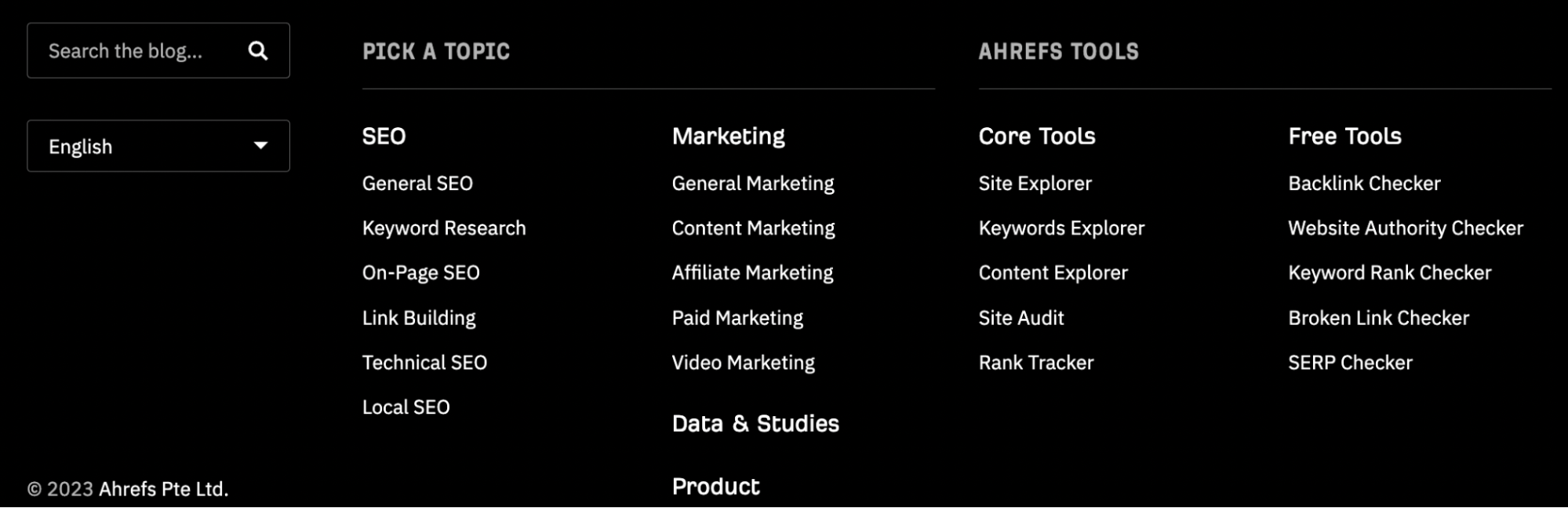 Footer links on Ahrefs' blog