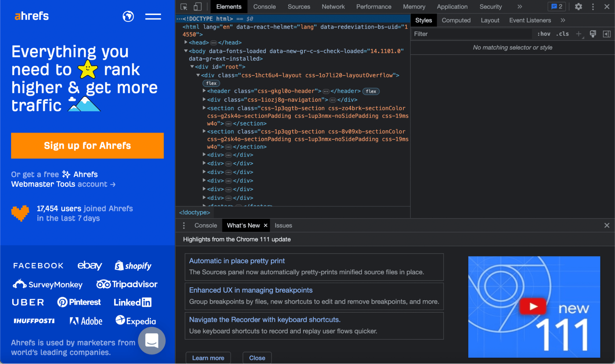 Data on Ahrefs, via Chrome DevTools on ahrefs.com