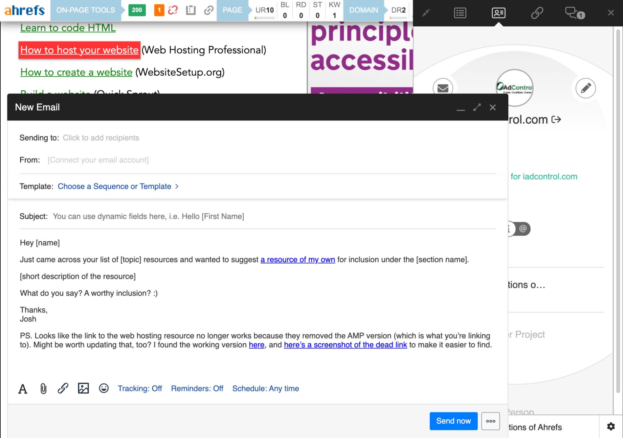 Email draft containing personalized message to good prospect